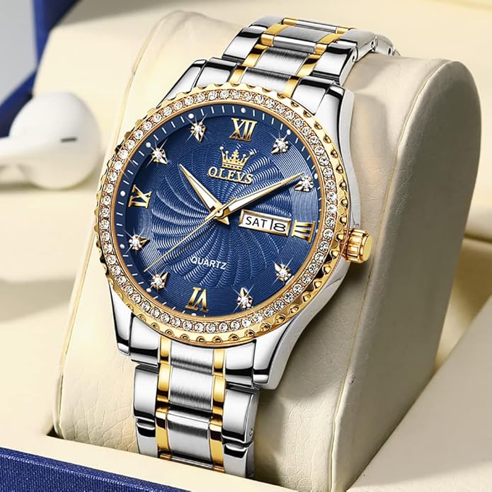 Men's Casual Stainless Steel Watch, Big Face Easy to Read Analog Quartz Watch with Day and Date, Classic Waterproof Diamond Roman Arabic Numerals Dial Dress Watch for Men, Gold Silver Black Band