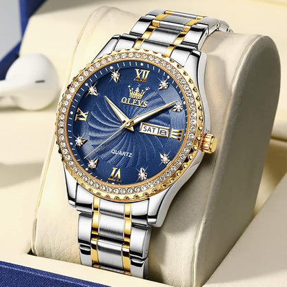 Men's Casual Stainless Steel Watch, Big Face Easy to Read Analog Quartz Watch with Day and Date, Classic Waterproof Diamond Roman Arabic Numerals Dial Dress Watch for Men, Gold Silver Black Band