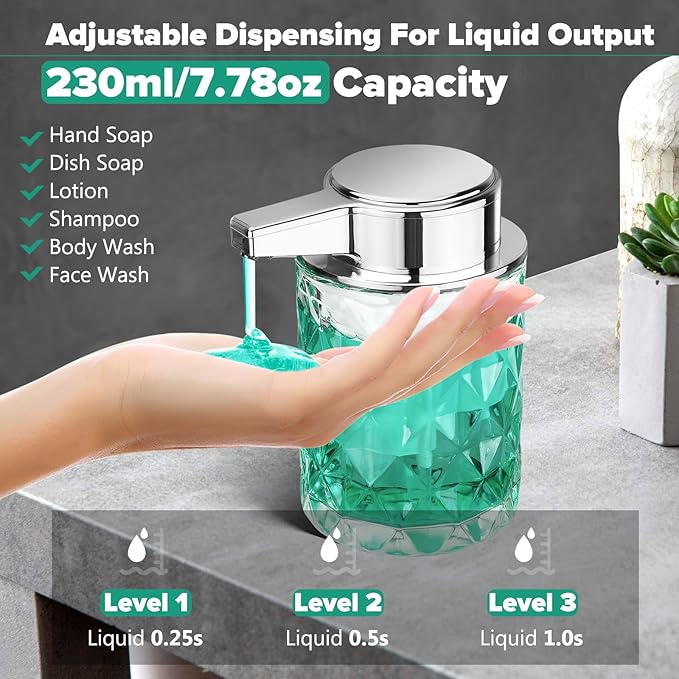 Automatic Soap Dispenser Liquid for Kitchen: 8 OZ Glass Touchless Clear Auto Soap Dispenser for Bathroom - Hand Dish Lotion Home Countertop Kids - Family Couple