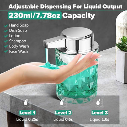 Automatic Soap Dispenser Liquid for Kitchen: 8 OZ Glass Touchless Clear Auto Soap Dispenser for Bathroom - Hand Dish Lotion Home Countertop Kids - Family Couple