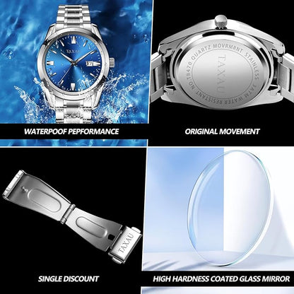 Mens Silver Watch Luxury Minimalist Dress Watch Classic Waterproof Watches for Men Analog Quartz Stainless Steel Men's Wrist Watches with Date Luminous Relojes para Hombres