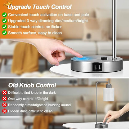 Set of 2 Industrial Touch Control Table Lamps with 2 USB Ports and AC Outlet - 3-Way Dimmable Nickel Bedside Lamp Nightstand Desk Lamps for Bedroom Living Room, Opal Glass Shade & 2 LED Bulbs Included