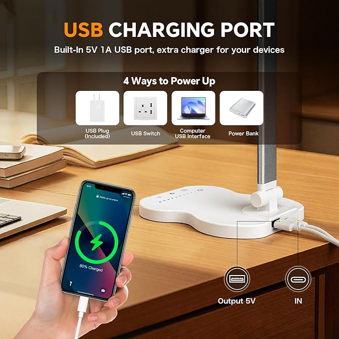 Desk Lamps for Home Office, Dimmable LED Desk Lamp, 5 Color Modes, 10 Brightness, Touch Desk Light with USB Charging Port for Nail Craft Puzzle Sewing Study - Black