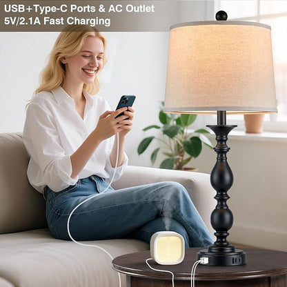 28" Tall Modern Table Lamps Set of 2 with USB C+A Ports and AC Outlet, 3 Way Touch Metal Bedside Lamps for Living Room, Black Farmhouse Nightstand Lamps for Bedroom