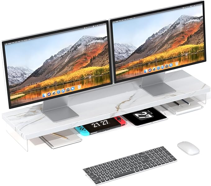 Dual Monitor Stand Riser, 40" Large Computer Monitor Stands for 2 Monitors, Wooden Desktop Organizer Shelf for Office Desk Computer, Laptop, TV, Monitor, Printer