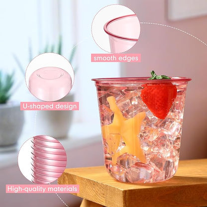 50 Pcs Disposable Stemless Glasses 12oz Crystal Plastic Wine Glasses Clear Classic Pet Cup for Meeting Weddings Birthdays Cocktail Christmas Party Supplies (Pink)