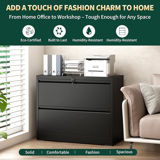 2 Drawer Lateral File Cabinet, Metal File Cabinets for Home Office Legal/Letter A4 Size, File Cabinet with 2 Drawer Storage Cabinet, Require Assembly, Black