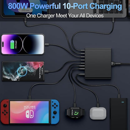 800W USB C Charger Block,10-Port Charging Station GaN Fast Charging Type C & USB A Wall Charger Adapter for MacBook Pro/Air,iPhone,iPad,Dell XPS,Samsung Galaxy (Bright Black)