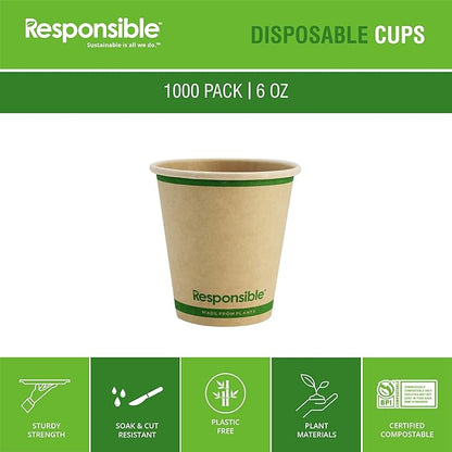 Responsible Products 6 oz Paper Hot Cups, Tree-Less™ Compostable Paper Coffee Cups, Extra Strength, Tree-Free and Made Without PFAS, Natural Brown (1000 Count)