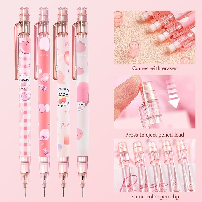 Cute Pink Coquette Peach Mechanical Pencil Set Include 8Pcs Kawaii Mechanical Pencils,2 Tubes Mechanical Pencil Lead Refills,2Pcs Erasers,for Office School Supplies