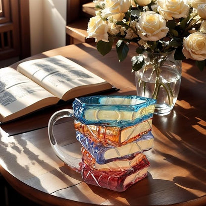 3D Painted Book Stack Glass Coffee Mug, 12 oz Colorful Heat-Resistant Cup, Christmas & Holiday Gifts for Books Lovers, Readers, Writers, Librarians, Book Club and Bookworm Fans