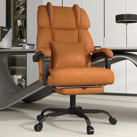 Ergonomic Office Chair with Footrest, 400lbs High Back Executive Home Office Computer Chair with Unique Ear-Shape Headrest for Neck Support,Brown Leather Office Chairs for Home Office Work