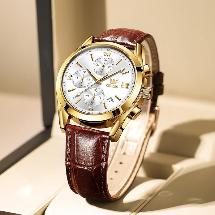 OLEVS Men's Chronograph Leather Watch, Big Face Easy to Read Analog Quartz Dress Watch, Casual Waterproof Luminous Hands Date Watches for Men, White/Blue/Black/Gold Dial