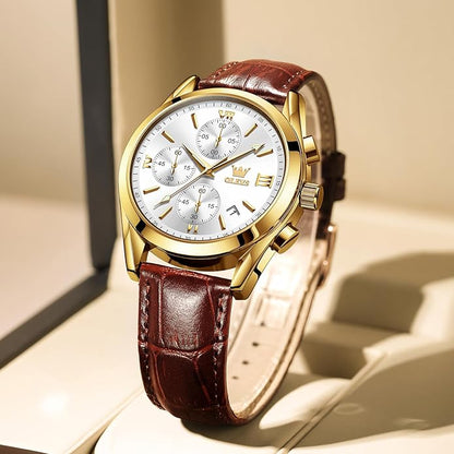 OLEVS Men's Chronograph Leather Watch, Big Face Easy to Read Analog Quartz Dress Watch, Casual Waterproof Luminous Hands Date Watches for Men, White/Blue/Black/Gold Dial