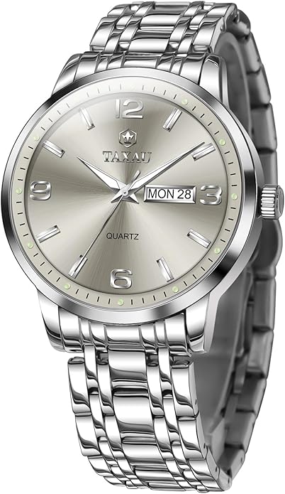 Stainless Steel Mens Watches with Day Date Quartz Analog Large Face Classic Watch Arabic Numerals Dress Luminous Rlojes para Hombres