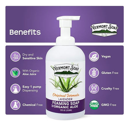 VERMONT SOAP Organic Lavender Foaming Hand Soap - Natural Moisturizing Soap for Dry Skin - Fragrance Free Liquid Bathroom Hand Soap Dispenser - Lavender - 12 oz