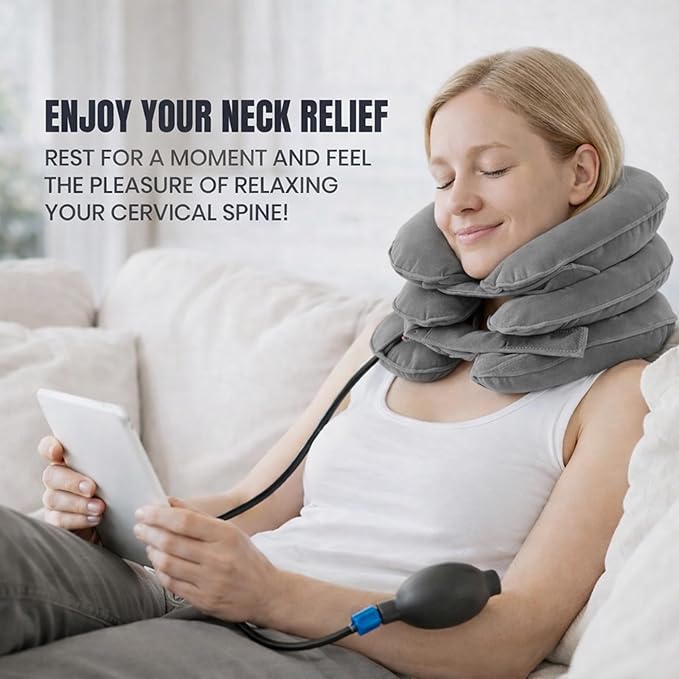 Neck Stretcher, Cervical Traction Device, Neck Traction Device for Neck Pain Relief, Adjustable Inflatable Neck Stretcher Cervical Traction and Neck Brace, Neck Decompression Home Use (Gray)