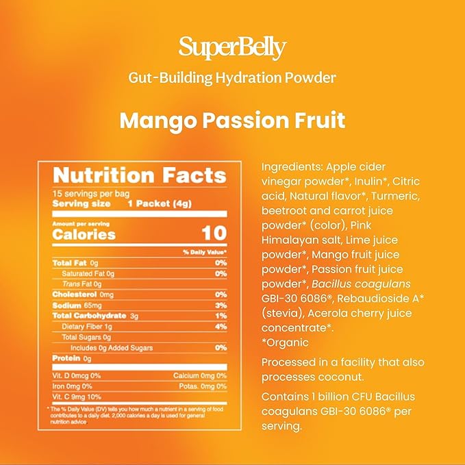 Blume SuperBelly Gut Health and On-The-Go Hydration Packets, GLP-1 Friendly, Sugar-Free, with Prebiotics, Probiotics, Apple Cider Vinegar, Vitamin C, and Electrolytes, Mango Passion Fruit, 15 Sticks
