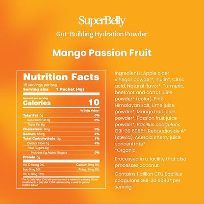 Blume SuperBelly Gut Health and On-The-Go Hydration Packets, GLP-1 Friendly, Sugar-Free, with Prebiotics, Probiotics, Apple Cider Vinegar, Vitamin C, and Electrolytes, Mango Passion Fruit, 15 Sticks