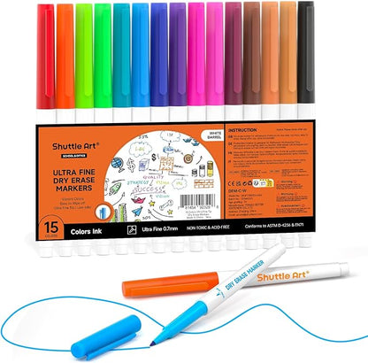 Shuttle Art Dry Erase Markers 15 Colors — Ultra Fine Tip Whiteboard Markers with Eraser