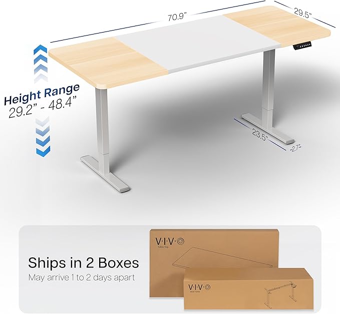 VIVO Electric 71 x 30 in Standing Desk, Memory Height Adjustment, 1B Series, White and Light Wood, Top Gray Frame, DESK-KIT-1G7WC