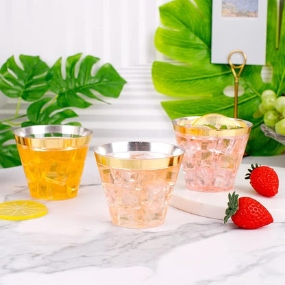 WELLIFE 120 PCS Gold Plastic Cups,9 oz Clear Plastic Cups,Disposable Wine Glasses for Party and Wedding