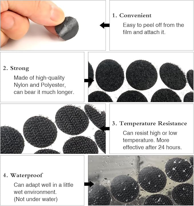 Self Adhesive Dots, Strong Adhesive 1200pcs(600 Pairs) 0.59 inch Diameter Sticky Back Hook Nylon, Loop Strips with Waterproof Sticky Glue Tapes for Classroom, Office, Home(Black)