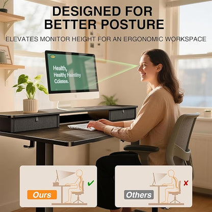 Veken 47.2"×27.6" Standing Desk with Storage Drawers, Adjustable Height Computer Table with Monitor Shelf, Home Office Desk for Study, Gaming, Workstation, Black