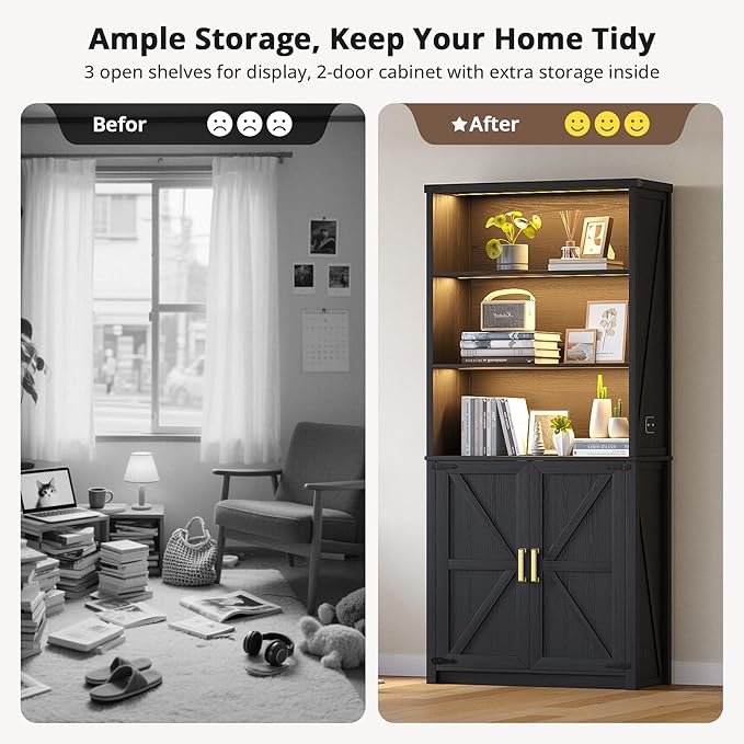 HWB Bookshelf and Bookcase with Doors, Farmhouse 5 Tier Book Shelves with Storage Cabinet, Floor Standing Bookcases with 3-Color Lights for Home Office, Living Room, Bedroom, Black