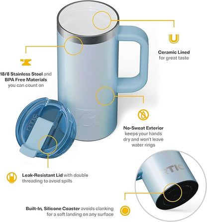RTIC 16oz Road Trip Travel Mug with Lid and Handle, Ceramic Lined, Insulated, Stainless Steel, Metal, Double Wall Vacuum-Insulation, Portable Coffee, Tea Cup for Hot and Cold Drink, RTIC Ice Glitter