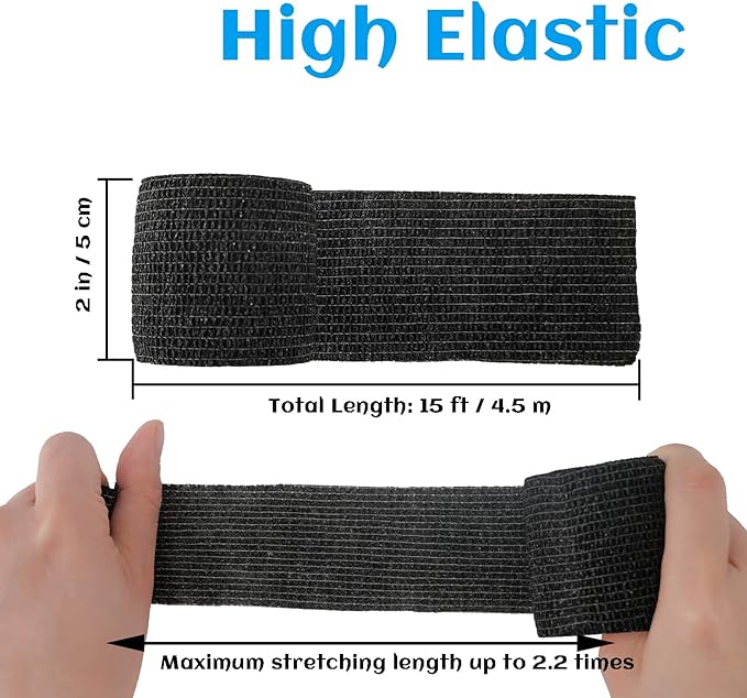 24 Rolls Black Sensi Wrap Elastic Self Adhesive Bandage Wrap, Breathable Cohesive Bandage, Ankle Sprains Swelling Medical First Aid Sports Athletic Grip Tape, Dogs Pet Vet Wrap 2 in