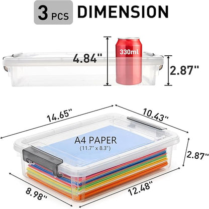 Citylife 3 PCS Plastic Storage Bins with Latching Lids Portable Project Case Clear File Box Stackable Storage Containers for Organizing B5 Paper, Photo, Document, Scrapbook