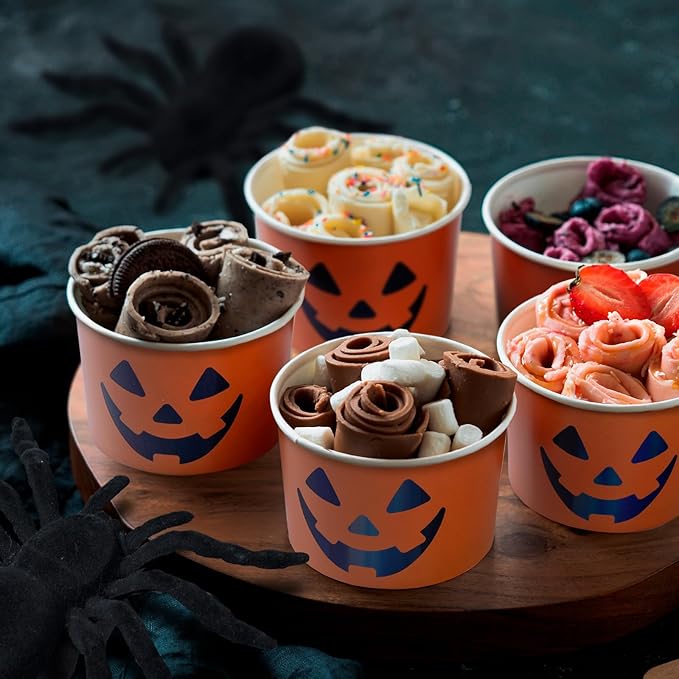 Paper Ice Cream Cups, 50-Count 9-Oz Disposable Dessert Bowls for Hot or Cold Food, 9-Ounce Halloween Party Supplies Treat Cups, Jack-O-Lantern, Orange