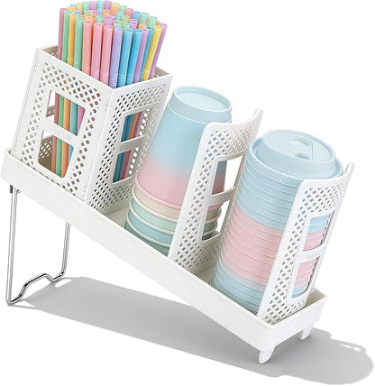 Coffee Cup Dispenser with Straws Holder, Plastic Coffee Cup and Lid Holder, 5-20oz Disposable Paper Cups Organizer for Countertop, Station, Bar, Office, Restaurant, Breakroom (White)