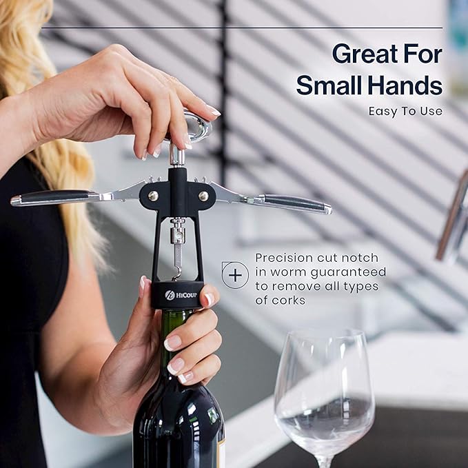 HiCoup Corkscrew Wine Opener - Ergonomic, Double Winged Beer and Wine Bottle Openers - Easy to Use, Stainless-Steel Corkscrews with Stopper & Gift Box - Kitchen Accessories - Matte Black