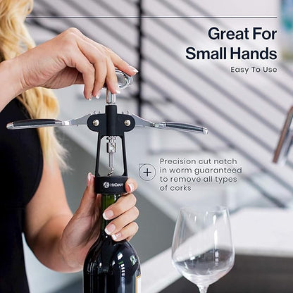 HiCoup Corkscrew Wine Opener - Ergonomic, Double Winged Beer and Wine Bottle Openers - Easy to Use, Stainless-Steel Corkscrews with Stopper & Gift Box - Kitchen Accessories - Matte Black
