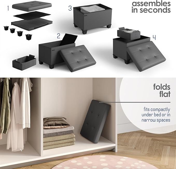 STORAGEBUD Storage Ottoman Cube with Small Bin, 16-in Square Ottoman with Storage for Living Room and Bedroom, Small Ottomans Foot Rest, Faux Leather Foot Stools Ottomans Max 330lbs, Grey