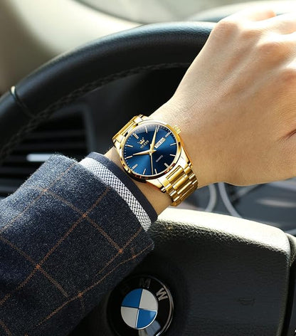 OLEVS Men's Luxury Watch Waterproof Luminous Easy Read Chronograph Watches Full Gold/White Dail/Black Face with Calendar Wristwatch