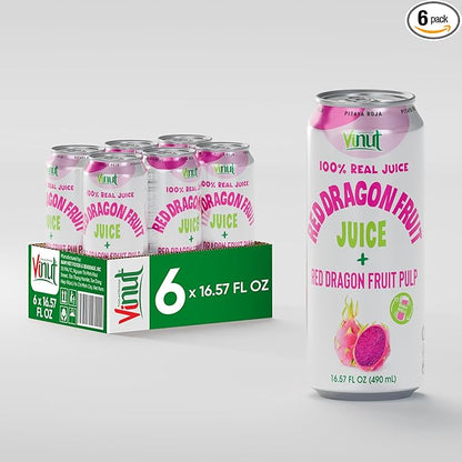 VINUT 100% Red Dragon Fruit Juice with Pulp (Pitaya), No Added Sugar, Not From Concentrate, 16.57 fl oz (490 mL) Can, Pack of 6