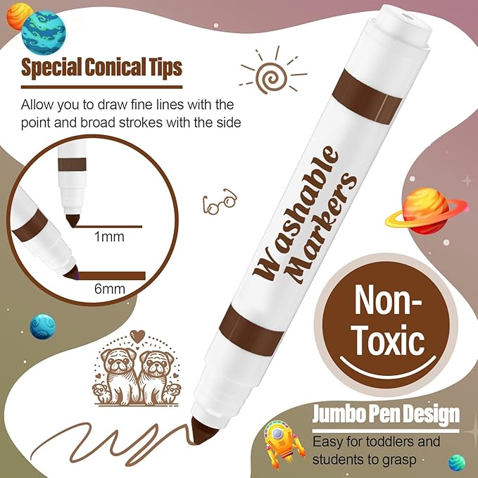 Janlaugh 24 Pcs Washable Markers Bulk Broad Line Markers Coloring Conical Tip Large pens for Kids art projects, Teachers, Students, Toddlers, Party Favors, Classrooms, Donations(Brown)