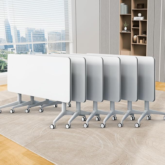 Folding Conference Table, Conference Room Tables Foldable Large Meeting Seminar Table on Wheels,Flip Top Boardroom Training Tables for Office, Classroom,Meeting (6, White, 70.8)