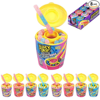 Juicy Drop Gummy Dip 'N Stix Assorted Christmas Candy Variety Pack, Sweet Gummy Sticks W/ Sour Dipping Gel, 8Ct, Sour Candy Pack for Party Favors, Stocking Stuffers, Kids Gifts
