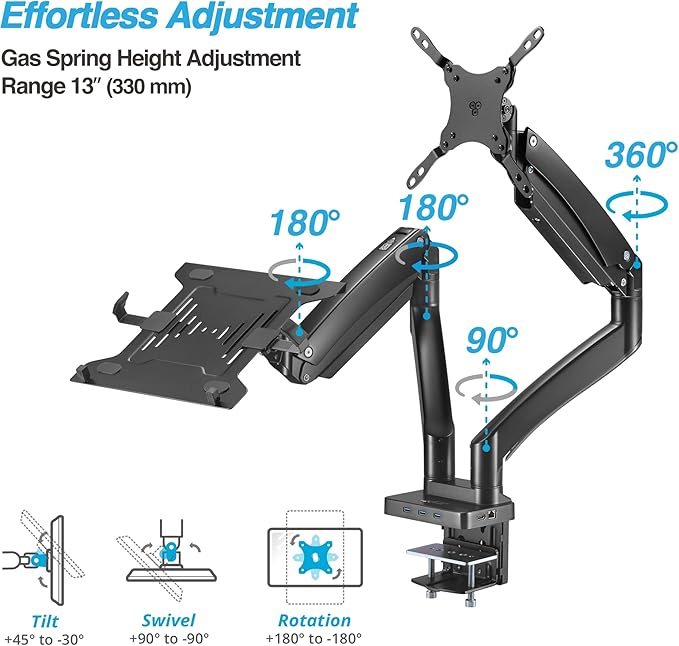 AVLT Dual 17”-43" Monitor Arm Desk Mount with 15" Laptop Tray and USB-C Docking Station, HDMI 4K60Hz, USB-A 5Gbps, Ethernet, 100W PD, Fits Two Flat/Curved Monitor - Black