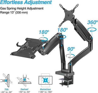 AVLT Dual 17”-43" Monitor Arm Desk Mount with 15" Laptop Tray and USB-C Docking Station, HDMI 4K60Hz, USB-A 5Gbps, Ethernet, 100W PD, Fits Two Flat/Curved Monitor - Black