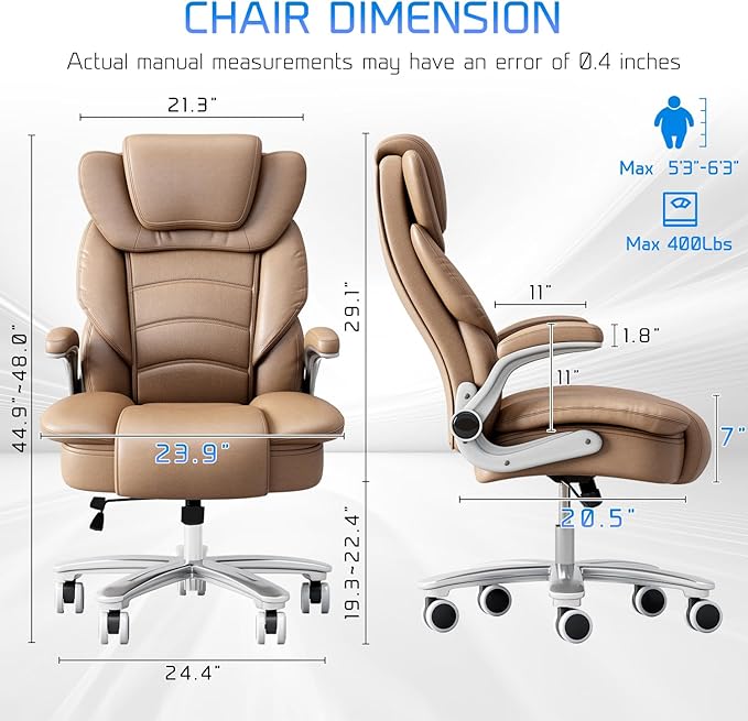GYI Big and Tall Office Chair 400lb Wide Seat, Ergonomic High Back Leather Executive Desk Chair with Flip-up Arms, Brown