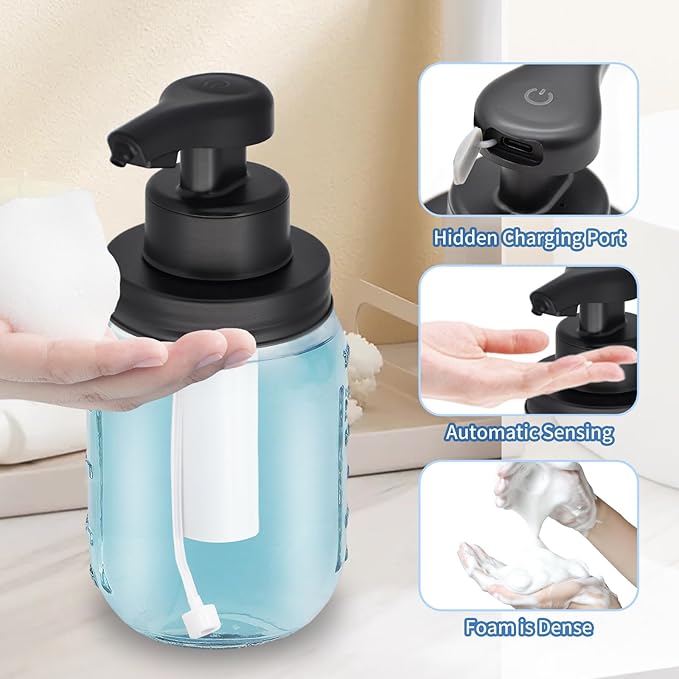 12 oz Automatic Touchless Foam Glass Soap Dispenser, Rechargeable Hands Free Liquid Mason Jar Soap Dispenser with Electric Sensor Pump, Refillable Lotion Bottle for Bathroom Kitchen Countertop