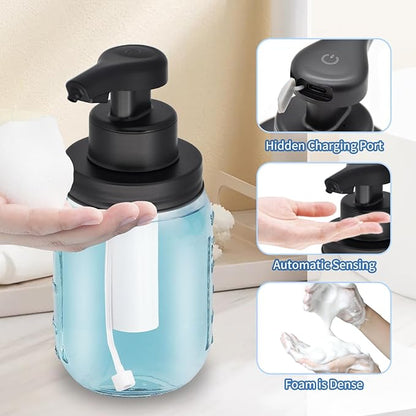 12 oz Automatic Touchless Foam Glass Soap Dispenser, Rechargeable Hands Free Liquid Mason Jar Soap Dispenser with Electric Sensor Pump, Refillable Lotion Bottle for Bathroom Kitchen Countertop