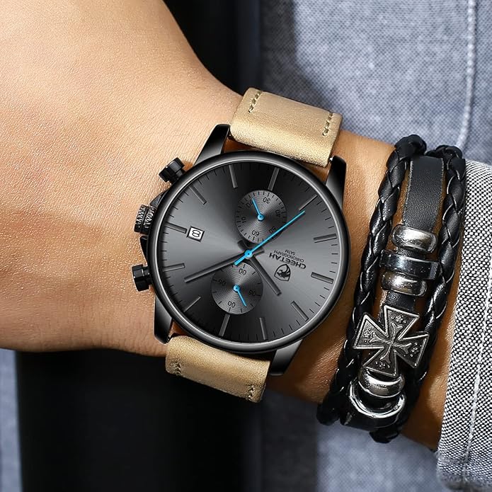 GOLDEN HOUR Mens Watch Fashion Sleek Minimalist Quartz Analog Mesh Stainless Steel Waterproof Chronograph Watches for Men with Auto Date