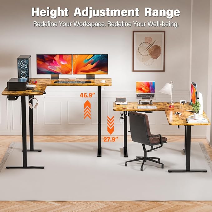 63″ L Shaped Standing Desk, Electric Adjustable Height with A/C Charging Port, Large Corner Desk & Storage, Sit Stand Computer Table, Raised L-Shaped Workstation with Splice Board for Home Office