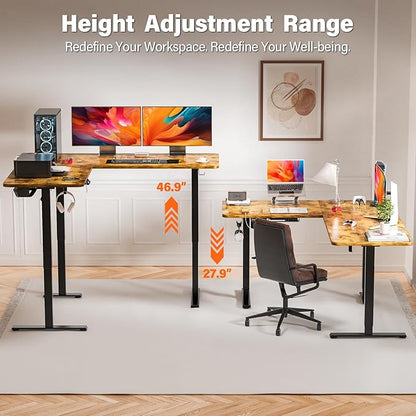 63″ L Shaped Standing Desk, Electric Adjustable Height with A/C Charging Port, Large Corner Desk & Storage, Sit Stand Computer Table, Raised L-Shaped Workstation with Splice Board for Home Office